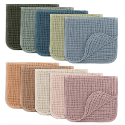 Comfy Cubs Muslin Burp Cloths 20" x 10", Pack of 10 - Large, 6-Layer, Ultra Absorbent 100% Cotton for Baby Drool and Messes - Soft, Safe & Gentle Baby Burp Cloths for Boys & Girls - Multi