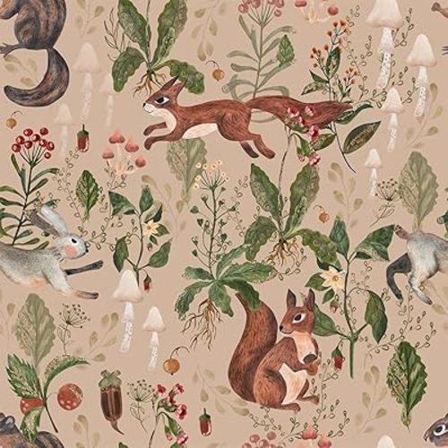 Nursery Woodland Animals Wallpaper – Peel and Stick Wallpaper with Squirrels, Rabbits, Mushrooms and Botanical Elements – Nature Forest Wall Paper for Kids Room and Playroom, 17.7in x 236in