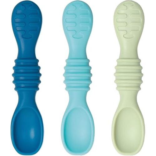 Bumkins Baby Utensil Set, Silicone Trainer Spoons for Dipping, Soft Tip, Self-Feeding, Chew, Baby Led Weaning, First Year Training Supplies, Essentials in Learning Eating, 4 Mos, 3-pk Blue and Green