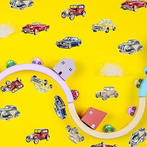 Boy Wall Decals Peel and Stick, Matte Finish PVC Wall Sticker, Watercolor Texture Retro Cars Wall Art Sticker for Baby Boys Room Kids Playroom Gender Neutral Room Nursery Decor