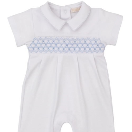 CLB Summer 25 White/Blue Hand Smocked Short Playsuit 0-3M