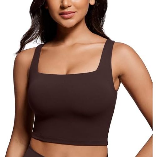 CRZ YOGA Butterluxe Womens Square Neck Longline Sports Bra - Workout Crop Tank Tops Padded Yoga Camisole with Built in Pads