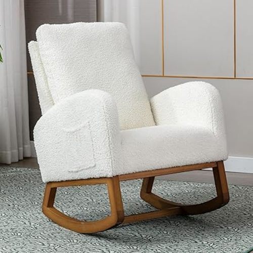Rocking Chair, Glider Chair with Rubber Pad & Side Pocket, Armchair with Solid Wood Strusture for Living Room, Nursery, Bedroom, Breastfeeding(Cream Color)