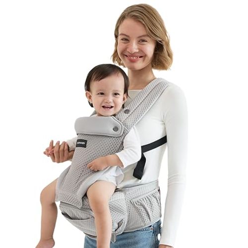 Momcozy Baby Carrier with Hip Seat, 2-in-1 Detachable Hands-Free Carrier for Long Walks, Forward-Facing Carry up to 44lbs, Breathable Infant Carrier, Fits Waists up to 45 Inches, AirMesh Grey