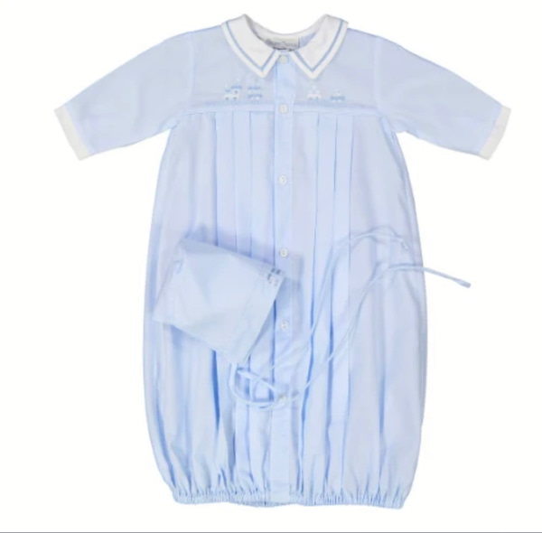 Train Pleated Take Me Home Gown with Hat | Feltman Brothers