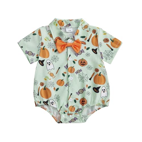 Ynibbim Baby Boy Halloween Shirt Short Sleeve Lapel Bodysuits Pumpkin Print Newborn Romper First Halloween Infant Clothes