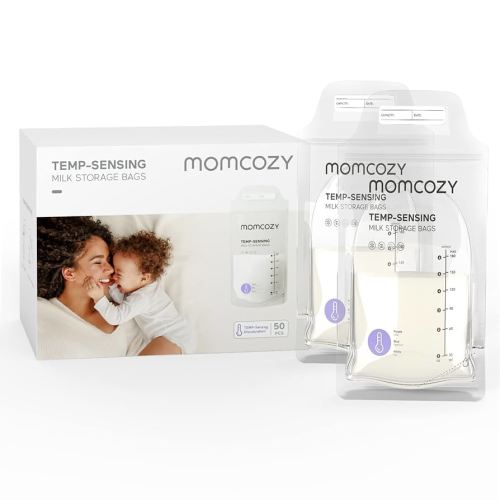 Momcozy Breastmilk Storage Bags, Temp-Sensing Discoloration Milk Storing Bags for Breastfeeding, Disposable Milk Storage Bag with 6oz Self Standing, No-Leak Milk Freezer Storage Pouches, 50pcs
