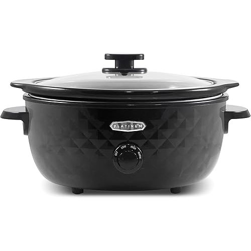 Elite Gourmet MST-1234B## 6 Quart Diamond Pattern Slow Cooker, Removable, Dishwasher-Safe Stoneware Pot with Tempered Glass Lid, Cool-Touch Handles, 6 Quart, Black