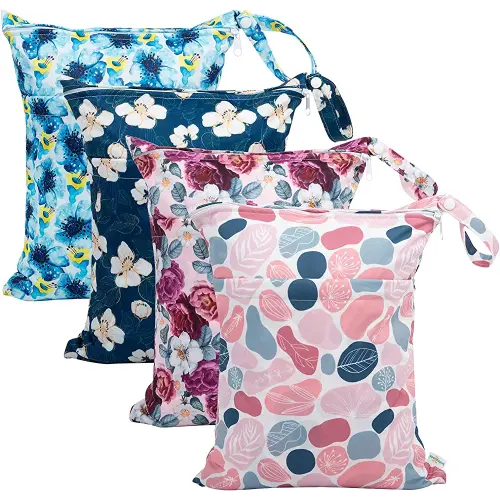 babygoal Wet Dry Bags for Baby Cloth Diapers, Washable Travel Bags, Beach, Pool, Gym Bag for Swimsuits & Wet Clothes with Two Zippered Pockets 4 Pack, 4LN14