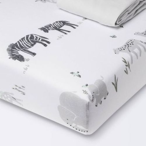 Fitted Cotton Jersey Crib Sheet 2pk - Cloud Island™ Two by Two Animals and Solid Gray