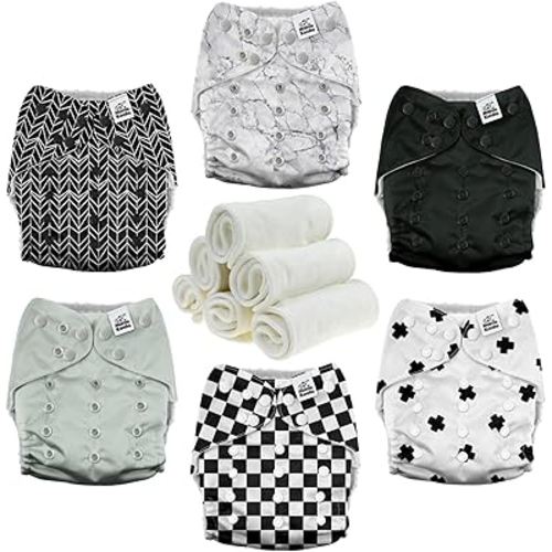 Mama Koala 3.0 Pocket Cloth Diapers for Babies with AWJ Lining, 6 Pack with 6 4-Layer Natural Cloth Diaper Inserts - Reusable and Washable Pocket Diapers (Black and White)