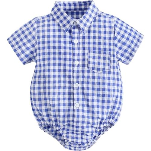 Baby Button Down Shirt, Gingham Plaid Short Sleeve Shirt Style Bodysuit, 0-3 Years