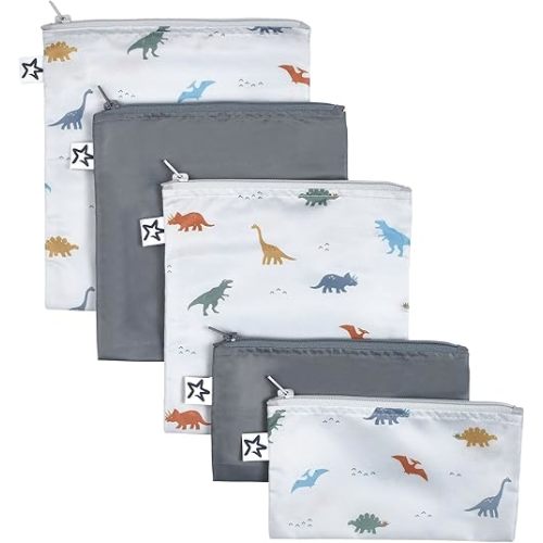 Tiny Twinkle 5 Pack Reusable Snack Bags - Machine Washable, PFAS, PVC, BPA, Phthalate-Free Reusable Baby and Toddler Food Safe Snack Bags (Dinosaur)