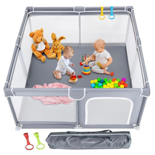 Todale 50”×50” Baby Playpen - Safe Infant & Toddler Gate for Crib - Portable Floor Yard with Anti-Slip Base and Breathable Mesh in Gray - Playpen for Babies and Toddlers, Gray