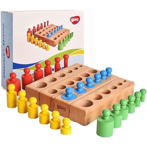 BOHS Montessori Knobbed Cylinders Blocks - 6 Pegs / 6.7 Inches - 4pcs Set