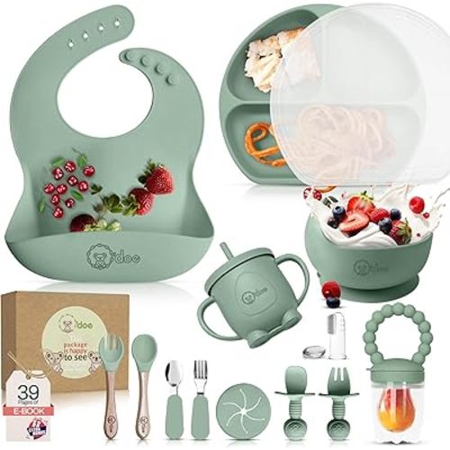 O'doe 17 Pcs Baby Led Weaning Feeding Supplies for Toddlers, Baby Feeding Set | Suction Silicone Baby Bowl Self Eating with Fruit Feeder, Cup, Bibs, Food Plate Kit with Lid 6+ Months | Green, V2