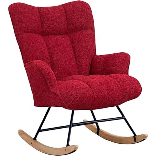 Rocking Chair Nursery Teddy Upholstered Glider Rocker Rocking Accent Chair Padded Seat with High Backrest Armchair Comfy Side Chair for Living Room Bedroom Offices (Burgundy Teddy)