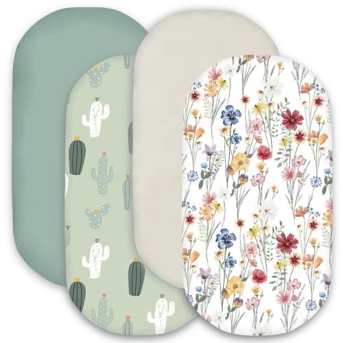 Bimocosy Bassinet Sheet, 4 Pack Bassinet Sheets for Baby Boys Girls, Soft Baby Bassinet Fitted Sheets Neutral for Bassinet Mattress, Size 32 x 16 x 4 Inches, Cactus/Floral/Wintergreen/Beige