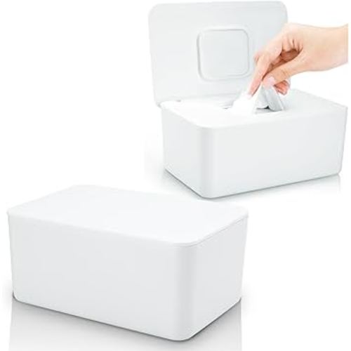 2 Pack Lijroavy Baby Wipes Dispenser, Baby Wipe Holder for Fresh Wipes, Non-Slip Baby Wipes Container, Refillable Wipes Box, Wipes Case with Sealing Design Lid (White and White)