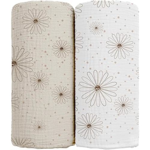 lulumoon Baby Muslin Swaddle Blankets: Soft Receiving Blanket for Newborn - Cotton Swaddling Blanket for Neutral 2Pack(Daisy)