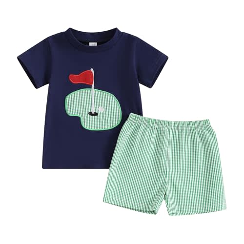 Toddler Baby Boy Golf Outfit Golf Hole T Shirts Top Plaid Shorts Set 2Pcs Golf Birthday Infant Summer Clothes