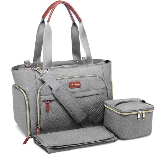 LOVEVOOK Diaper Bag Set, 3-Piece Set with Laptop Pocket, Cooler Bag & Changing Pad, Fits Most Breast Pumps, Grey, 15.7" x 8" x 11", For Mothers, Newborn - 3 Years