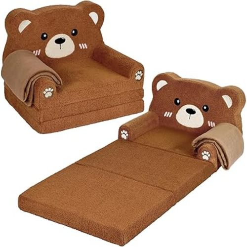 Kids Couch, 2-in-1 Soft Toddler Couch Fold Out with Blanket, Chair Comfy, Foldable Convertible Plush Sofa to Lounger, Gifts for Kids Girl Boys, Teddy Bear