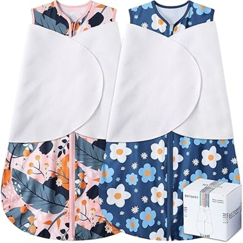 Newborn Sleep Sack Baby Swaddle,3-Way Adjustable Wearable Blanket,100% Rayon Cotton Swaddling Sleeping Bag,TOG 0.5 (Gerbera & Tulips, 0-3 Months)