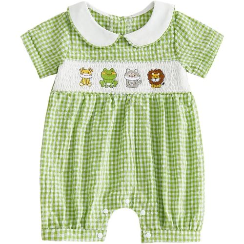 Baby Boy Short Sleeve Jumpsuit Collared Excavator/Animals Smocked Gingham Romper One Piece Clothes