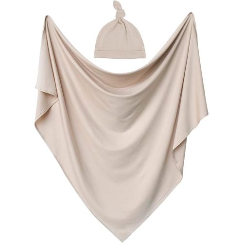 OWLOWLA Swaddle Blanket and Hat Set Newborn Swaddle Wrap Baby Receiving Blanket for Baby Boys Girls(Sand)