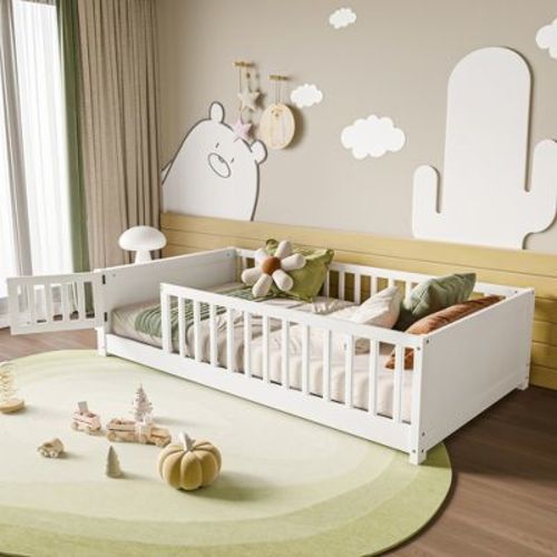 Whisen Twin Size Montessori Floor Platform Bed with Built-in Book Storage Rack on Headboard