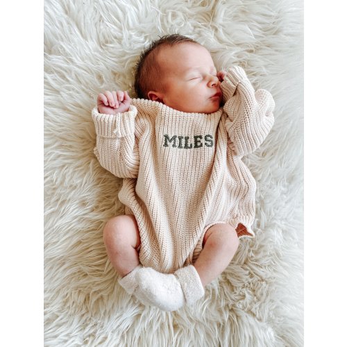 Keepsake Embroidered Knit Sweater Romper- Personalized Newborn Name Chunky Sweater Romper Baby Infant