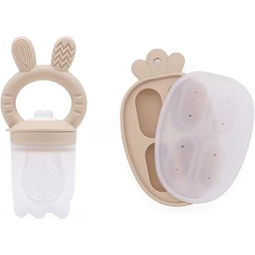Silicone Baby Fruit Feeder with Freezer Tray Baby Food Feeder Popsicle Molds for Teething Relief Includes Extra Food Pouches (Beige)