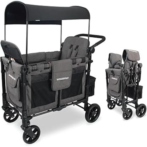 WONDERFOLD W2 Elite Stroller Wagon (2 Seater) - Collapsible Wagon Stroller with Seats with 5-Point Harnesses, Adjustable Push Handle, and Adjustable Sun Canopy, Elite Gray