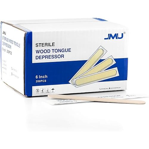 JMU Tongue Depressors Sterile 200 Count, 6 inch Tongue Depressors Wood Individually Wrapped (1 Box of 200)