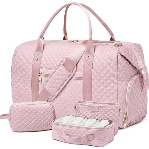 Weekender Bags for Women | Foldable Duffle Bag for Travel with Shoe Compartment, 4PCS Carry on Overnight Bags with Toiletry Bag, Wet Pocket - 20"Large Hospital Bag Gym Bag Pink luggage