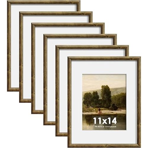 Wiscet 11x14 Picture Frame Set of 6, Display Pictures 8x10 with Mat or 11 x 14 Without Mat, Photo Frame for Wall Mounting or Tabletop Display, Rustic Brown