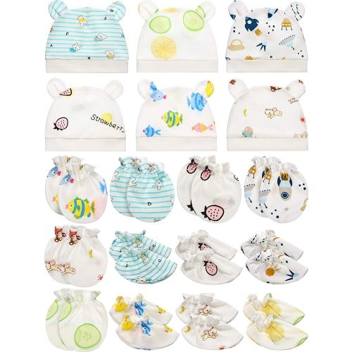 18 Pieces Newborn Cap Mitten Sock, Including 6 Pieces Newborn Hats, 6 Pairs Baby No Scratch Mittens Gloves and 6 Pairs Infant Socks for 0-6 Months Unisex Baby Boys Girls Set Multicoloured