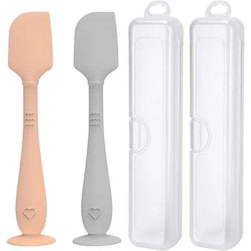 2 Pack Diaper Cream Spatula with Hygienic Travel Case, Butt Spatula Baby with Suction Base, Baby Butt Paste Spatula, Soft Silicone Diaper Rash Cream Applicator Large Size (Brown & Gray)