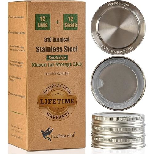 316 Surgical Stainless Steel Mason Jar Lids WIDE Mouth -ORIGINAL DESIGN- Stackable w/Pull-Tab Silicone Seal. Rust-proof, Airtight, Leak-Proof, BPA-Free, PVC-Free, Vegan - Not for Canning