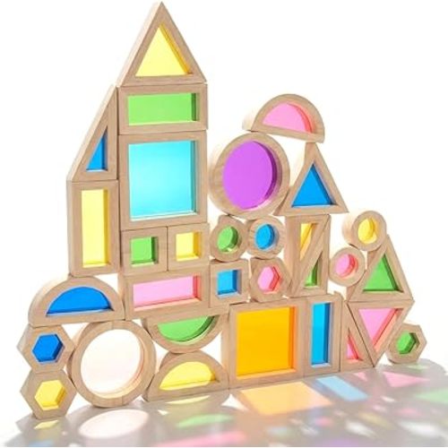 WOODENFUN Wood Building Blocks Set for Kids, 32 Pcs Rainbow Stacker Stacking Game Construction Toys Set Preschool Colorful Learning Educational Toys, Geometry Wooden Blocks for Boys Girls