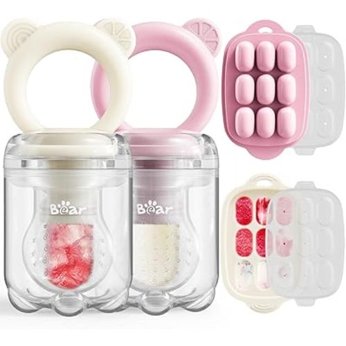Bear Baby Fruit Food Feeder & Mini Freezer Nibble Tray Combo, 2 Pack Breastmilk Popsicle Molds for Baby Teething Relief, BPA Free Silicone Feeder for Safe Infant Self Feeding, Dishwasher Safe