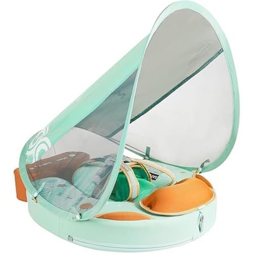 Mambobaby Non-Inflatable Baby Pool Float with Tail and Canopy UPF 50+ Sun Protection No Flip Over Infant Swim Float Skin-Friendly Mambo Float Swim Trainer Solid Baby Swimming Ring Foldable Style