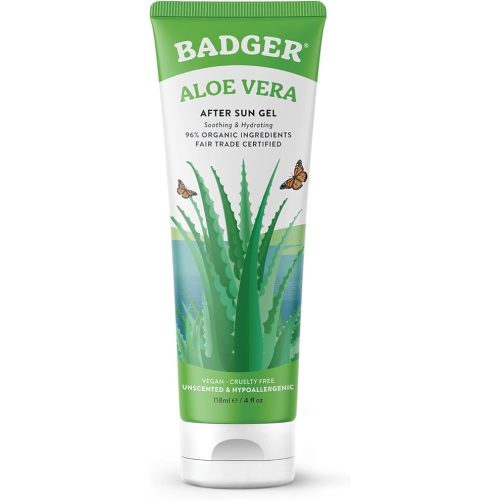 Badger Organic Aloe Vera Gel for Face & Body, 96% Pure Unscented Organic Aloe Gel for Cooling, Soothing, Non-Sticky Sunburn Relief, Vegan, Fair Trade & Hypoallergenic, 4 fl oz