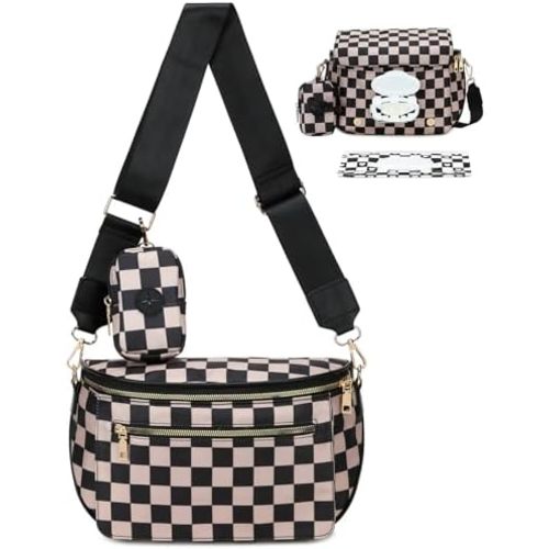 Eslcorri Small Diaper Bag Fanny Pack for Quick Outings, Crossbody Diaper Purse with Built-in Wipes Dispenser, Water-resistant Checkered Belt Bag for Moms Dads, 8L Expandable Capacity