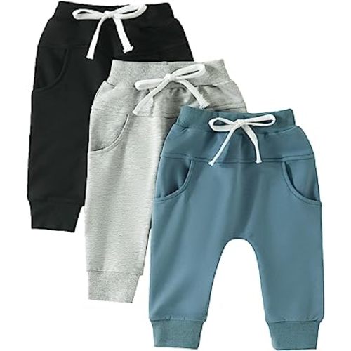 Amiblvowa 3 Pack Toddler Baby Boy Girl Fall Pants Solid Color Pull On Jogger Pants Sweatpants Infant Fall Winter Clothes