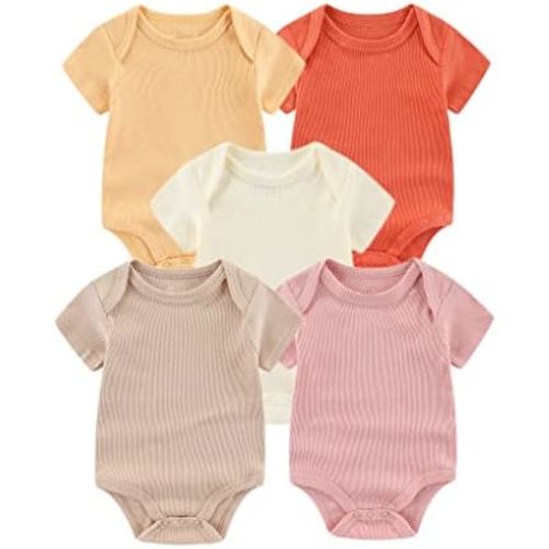 Chamie Newborn Boy Girl Bodysuit Infant Short Sleeve Jumpsuit Solid Ribbed Romper Outfits
