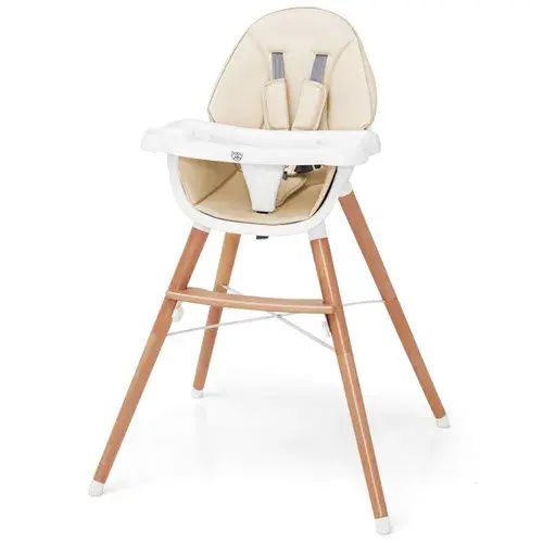 Baby Joy Wooden High Chair with 4-Gear Double Tray - Beige | Baby Bunting AU