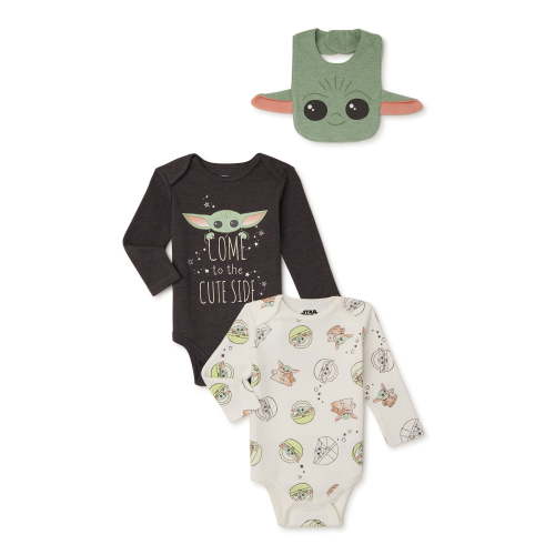 Star Wars Baby Yoda Baby Boys’ Long Sleeve Bodysuit with Bib, 2-Pack, Sizes 0/3-24 Months