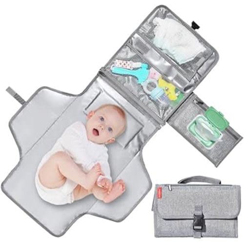 Portable Baby Changing Pad, Smart Wipes Pocket, Built-in Pillow, Waterproof